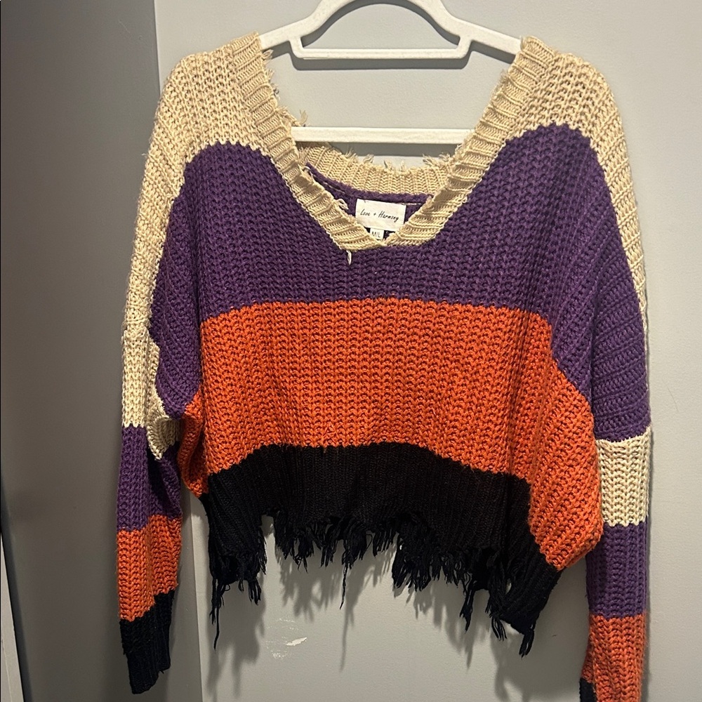 Chic V-Neck Striped Sweater in Purple, Orange, and Cream